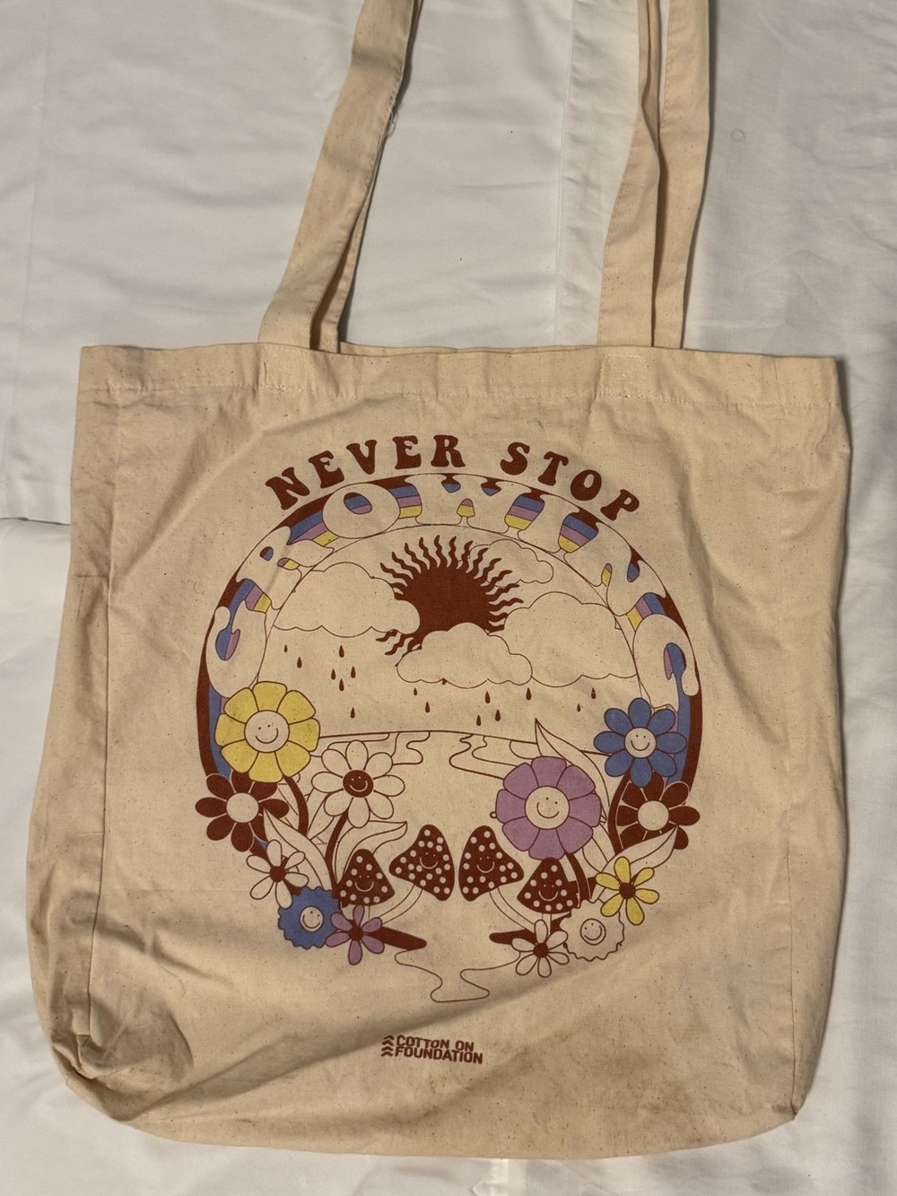 Cotton On Beige Graphic 'Never Stop Growing’ Floral Tote
